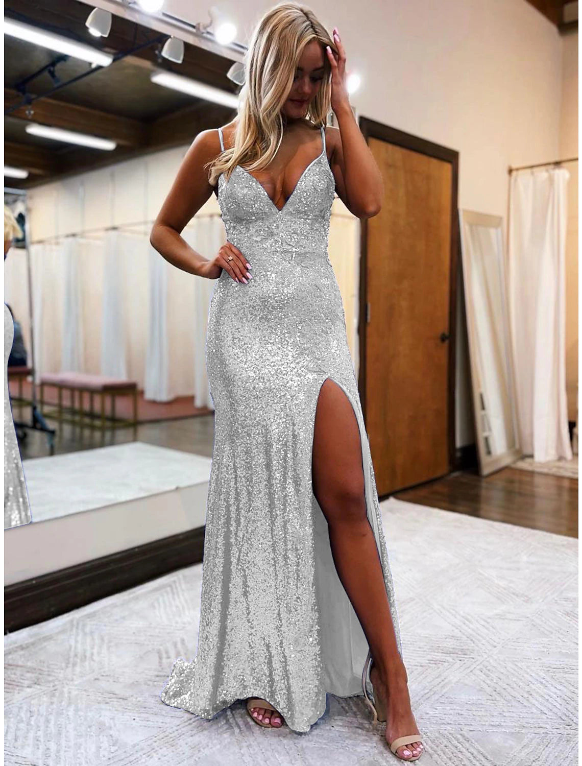 Mermaid / Trumpet Prom Dresses Sparkle & Shine Dress Formal Wedding Party Sweep / Brush Train Sleeveless V Neck Sequined Backless with Glitter Sequin