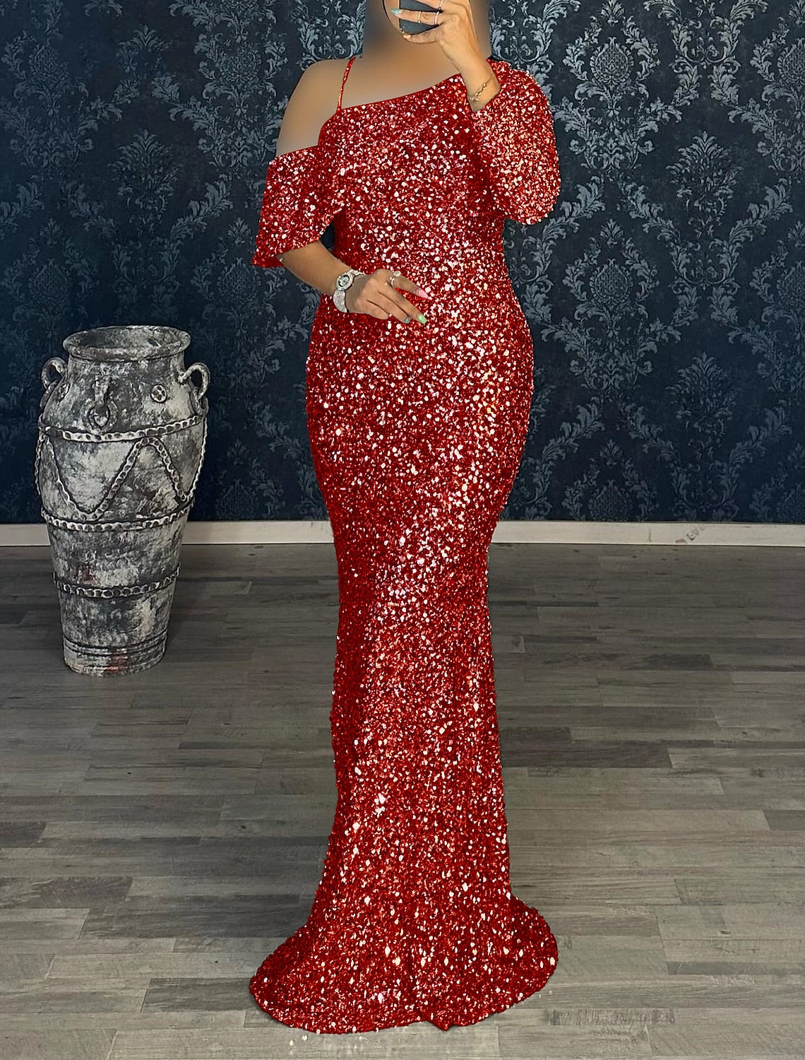 Mermaid Dress Evening Gown Christmas Red Green Dress Cocktail Party Sweep / Brush Train Long Sleeve One Shoulder Sequined with Sequin