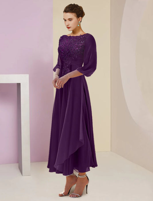 A-Line Mother of the Bride Dress Formal Wedding Guest Elegant Scoop Neck Tea Length Chiffon Lace 3/4 Length Sleeve with Beading Sequin Appliques