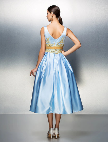 A-Line Cocktail Dresses Party Dress Wedding Guest Prom Tea Length Sleeveless Jewel Neck Satin V Back with Pleats Appliques