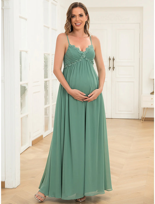 A-Line Evening Gown Maternity Dress Wedding Guest Wedding Party Floor Length Sleeveless V Neck Chiffon V Back with Draping