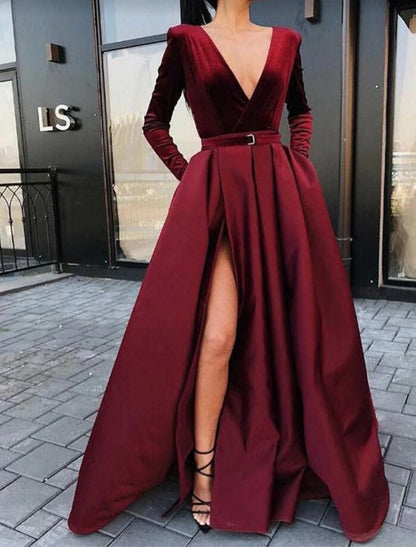 A-Line Evening Gown Party Dress Elegant Dress Formal Christmas Floor Length Long Sleeve Sweetheart Fall Wedding Guest Satin with Sash / Ribbon Slit