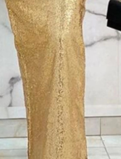 Sheath / Column Elegant Formal Evening Dress Plunging Neck Long Sleeve Floor Length Stretch Satin with Sequin