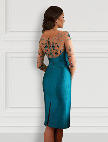 Sheath / Column Cocktail Dresses Open Back Dress Formal Knee Length Half Sleeve Jewel Neck Satin with Bow(s) Slit Appliques