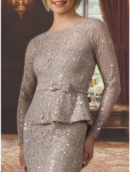 Sheath / Column Mother of the Bride Dress Formal Wedding Guest Elegant Scoop Neck Floor Length Tea Length Lace Charmeuse Sequined Long Sleeve with Appliques