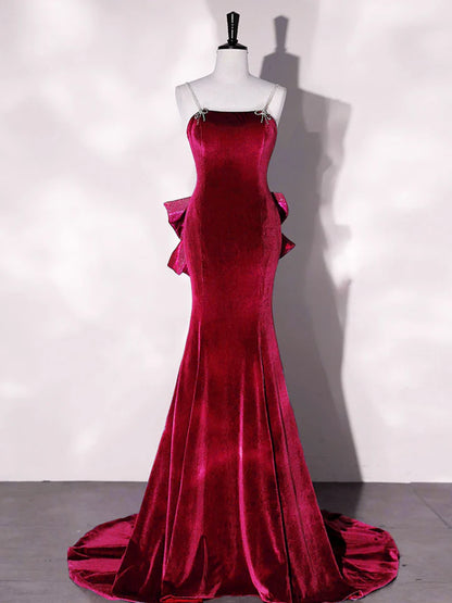 Elegant Mermaid Velvet Cultivate oneself Long Prom Dresses Velvet Long Bow knot Shining Party Dress