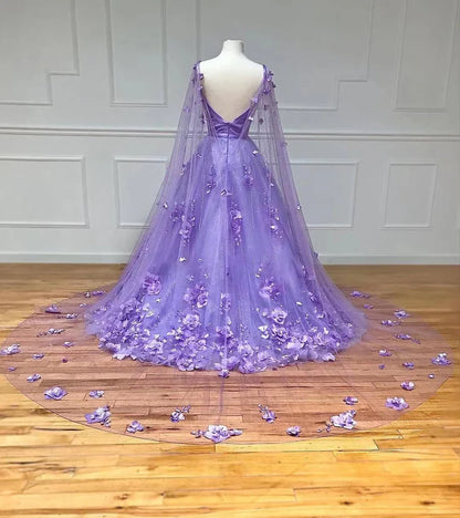 Prom Dress Lavender Floral Lace A-Line with Cape Sleeves A Line Sweetheart Tiered Tulle Long With Slit