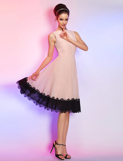 A-Line Vintage Dress Homecoming Graduation Knee Length Sleeveless Boat Neck Pink Dress Chiffon with Lace Insert