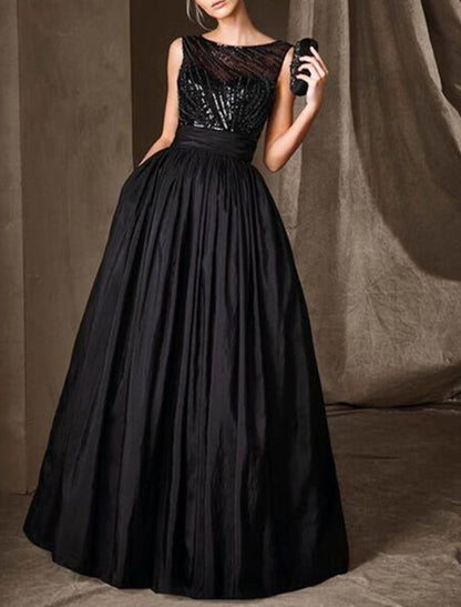 A-Line Mother of the Bride Dress Wedding Guest Elegant Sparkle & Shine Jewel Neck Floor Length Taffeta Sequined Sleeveless with Pleats Sequin