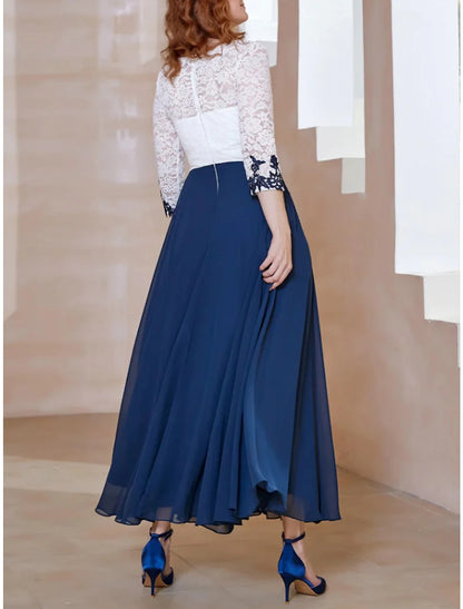 A-Line Mother of the Bride Dress Wedding Guest Elegant Scoop Neck Ankle Length Chiffon 3/4 Length Sleeve with Lace