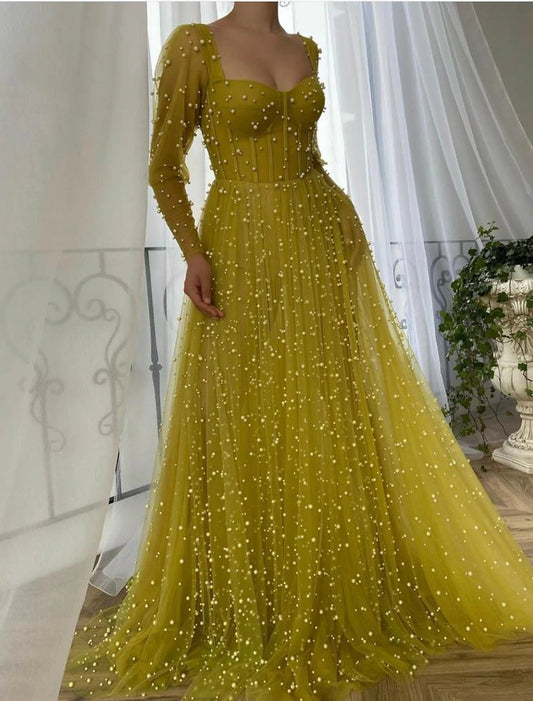 A-Line Prom Dresses Vintage Dress Wedding Guest Prom Sweep / Brush Train Long Sleeve Square Neck Tulle with Beading Pure Color