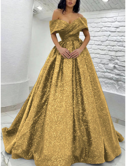 A-Line Prom Dresses Sparkle Black Champagne Gold Dress Black Tie Carival Sweep / Brush Train Short Sleeve Off Shoulder Sequined with Glitter Pleats