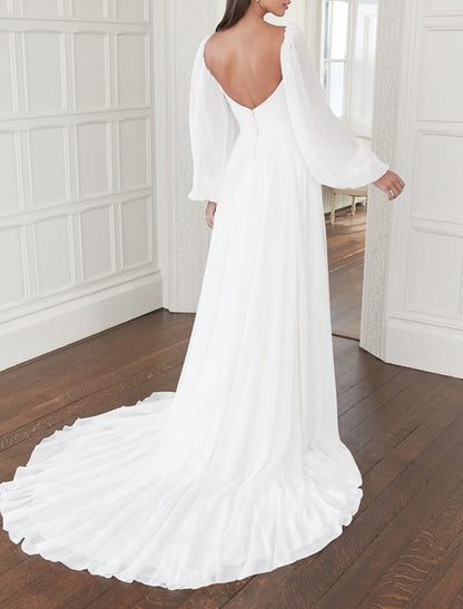 Hall Casual Wedding Dresses A-Line Square Neck Long Sleeve Court Train Chiffon Bridal Gowns With Bow(s) Solid Color