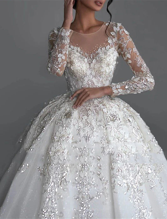 Formal Modest Fall Wedding Dresses Princess Jewel Neck Long Sleeve Chapel Train Tulle Bridal Gowns With Appliques Solid Color