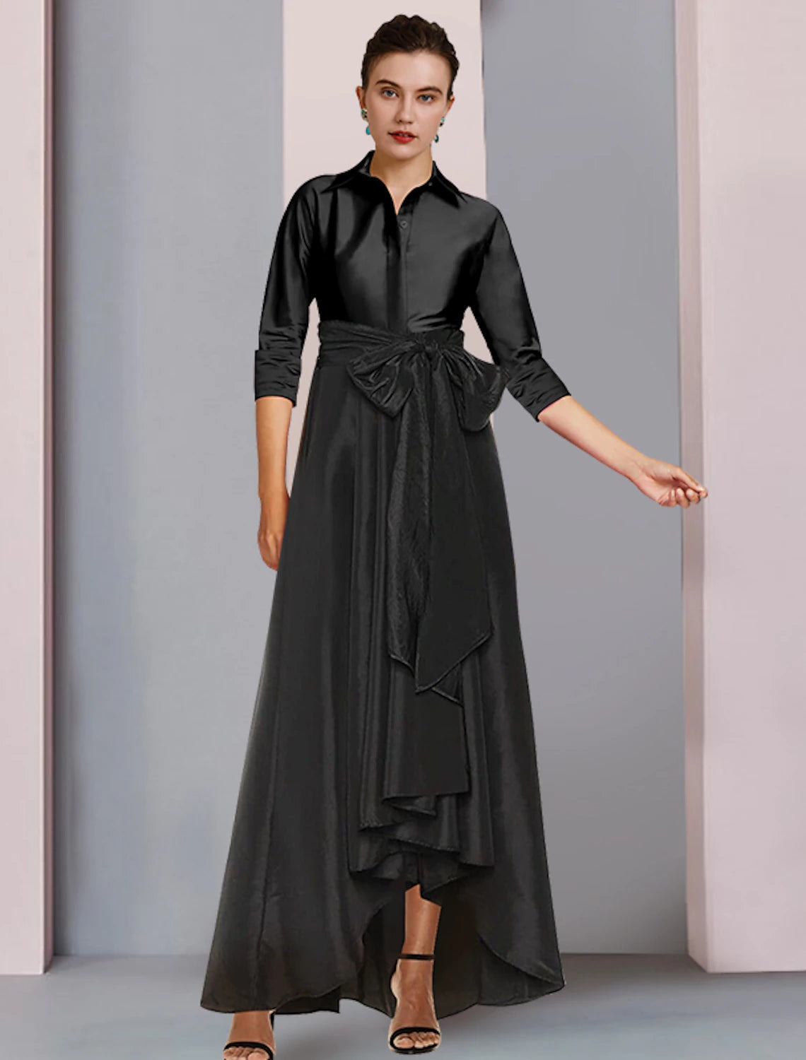 A-Line Mother of the Bride Dress Plus Size Elegant High Low Shirt Collar Asymmetrical Floor Length Satin 3/4 Length Sleeve with Sash / Ribbon Bow(s) Pleats