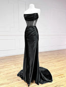 Temperament Simple Off the Shoulder Satin Black Long Prom Dress Strapless Split Fork Fashion Party dress