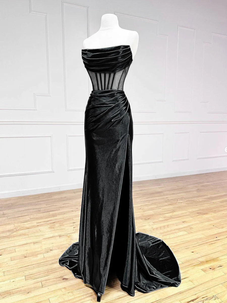 Temperament Simple Off the Shoulder Satin Black Long Prom Dress Strapless Split Fork Fashion Party dress