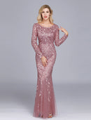 Mermaid / Trumpet Empire Elegant Party Wear Formal Evening Valentine's Day Dress Jewel Neck Long Sleeve Floor Length Tulle with Embroidery