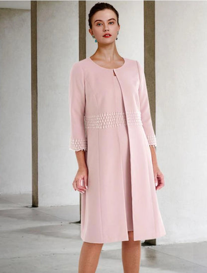 Two Piece Sheath / Column Mother of the Bride Dress Wedding Guest Church Elegant Jewel Neck Knee Length Stretch Fabric Short Sleeve Jacket Dresses with Beading Fall