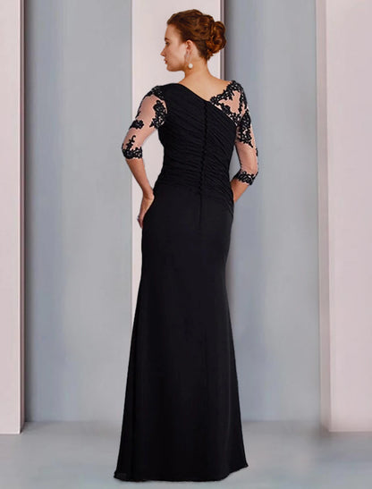 Sheath / Column Mother of the Bride Dress Formal Fall Wedding Guest Dresses Elegant Jewel Neck Floor Length Chiffon Lace 3/4 Length Sleeve with Beading Appliques