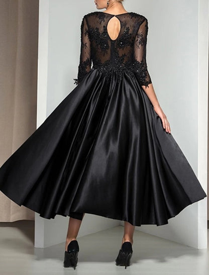 A-Line Elegant Cocktail Party Formal Evening Dress Illusion Neck 3/4 Length Sleeve Ankle Length Lace with Appliques