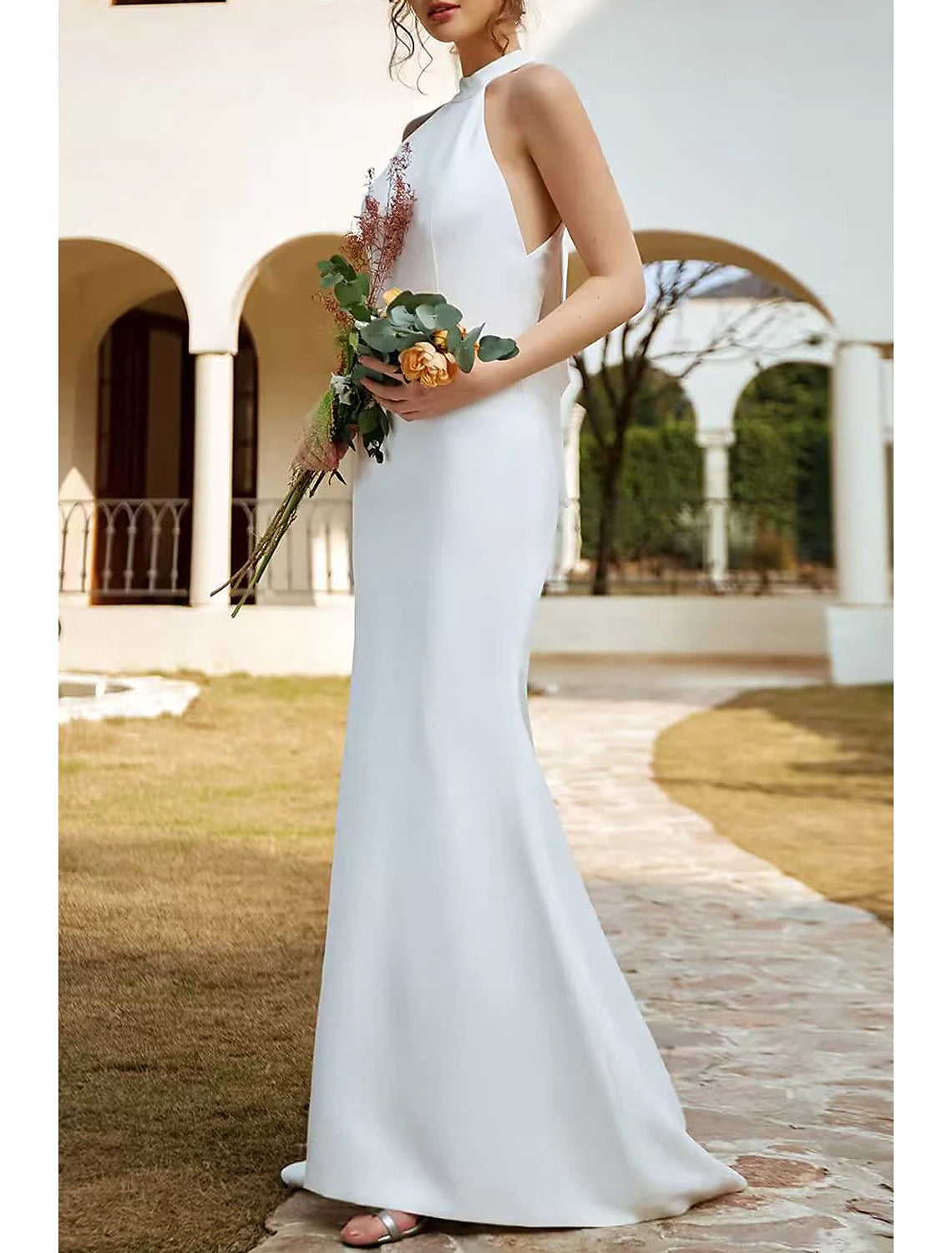 Beach Boho Wedding Dresses Sweep Train Mermaid Halter Sleeveless Stretch Fabric with Solid Color