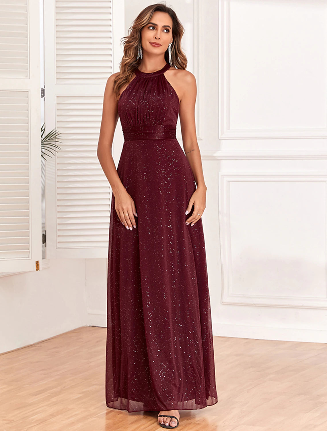 A-Line Evening Gown Empire Dress Evening Party Wedding Reception Floor Length Sleeveless Halter Neck Polyester Backless V Back with Glitter