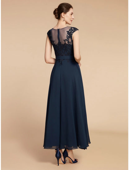 A-Line Mother of the Bride Dress Wedding Guest Elegant Jewel Neck Ankle Length Chiffon Lace Long Sleeve with Ruching Solid Color