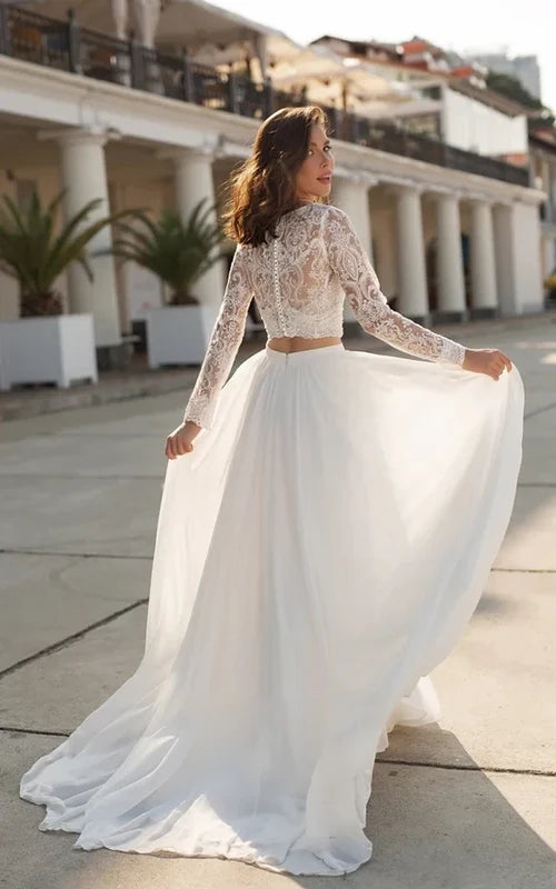 Wedding Dress Two Piece V-neck with Sweep Train Lace Long Sleeves