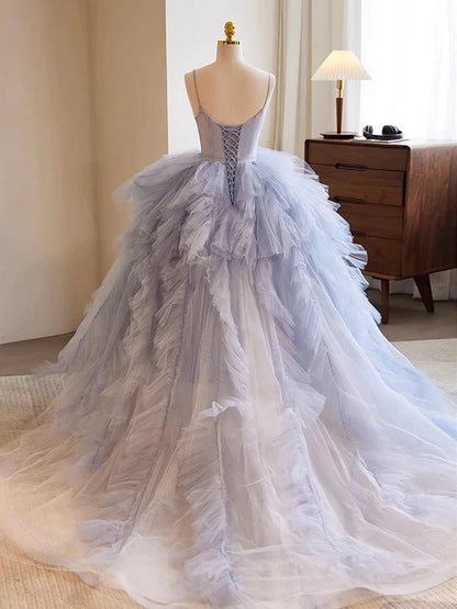 Sweet Tulle Evening Dress Spaghetti Strap Tulle layered Irregular Long Fantastic Long Gown