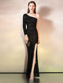 Mermaid / Trumpet Evening Gown Sparkle Dress Wedding Guest Floor Length Sleeveless One Shoulder Sequined with Sequin Slit