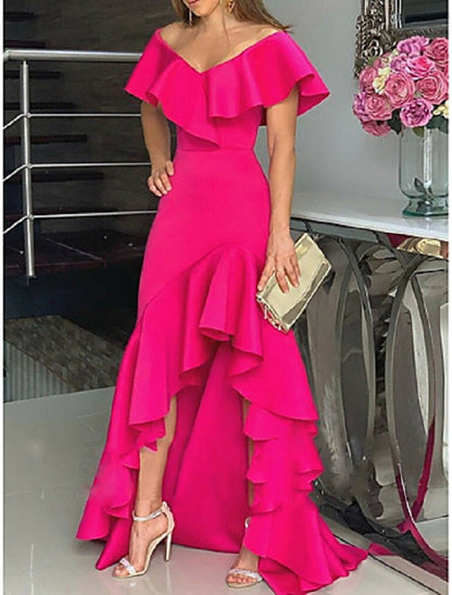 A-Line Evening Gown Minimalist Dress Wedding Guest Homecoming Asymmetrical Sleeveless Off Shoulder Stretch Satin with Ruffles Slit