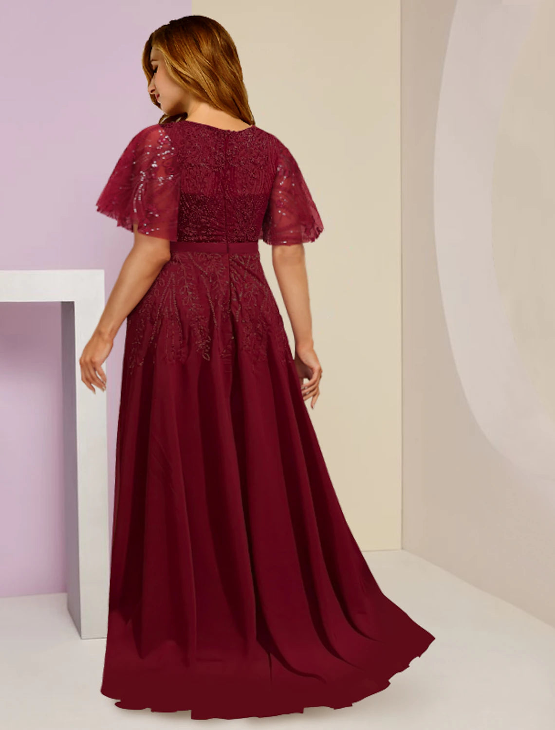 Mother of the Bride Dresses Plus Size Curve Hide Belly Wedding Guest Elegant Sparkle & Shine V Neck Floor Length Chiffon Lace Sequined Short Sleeve with Pleats Split Front