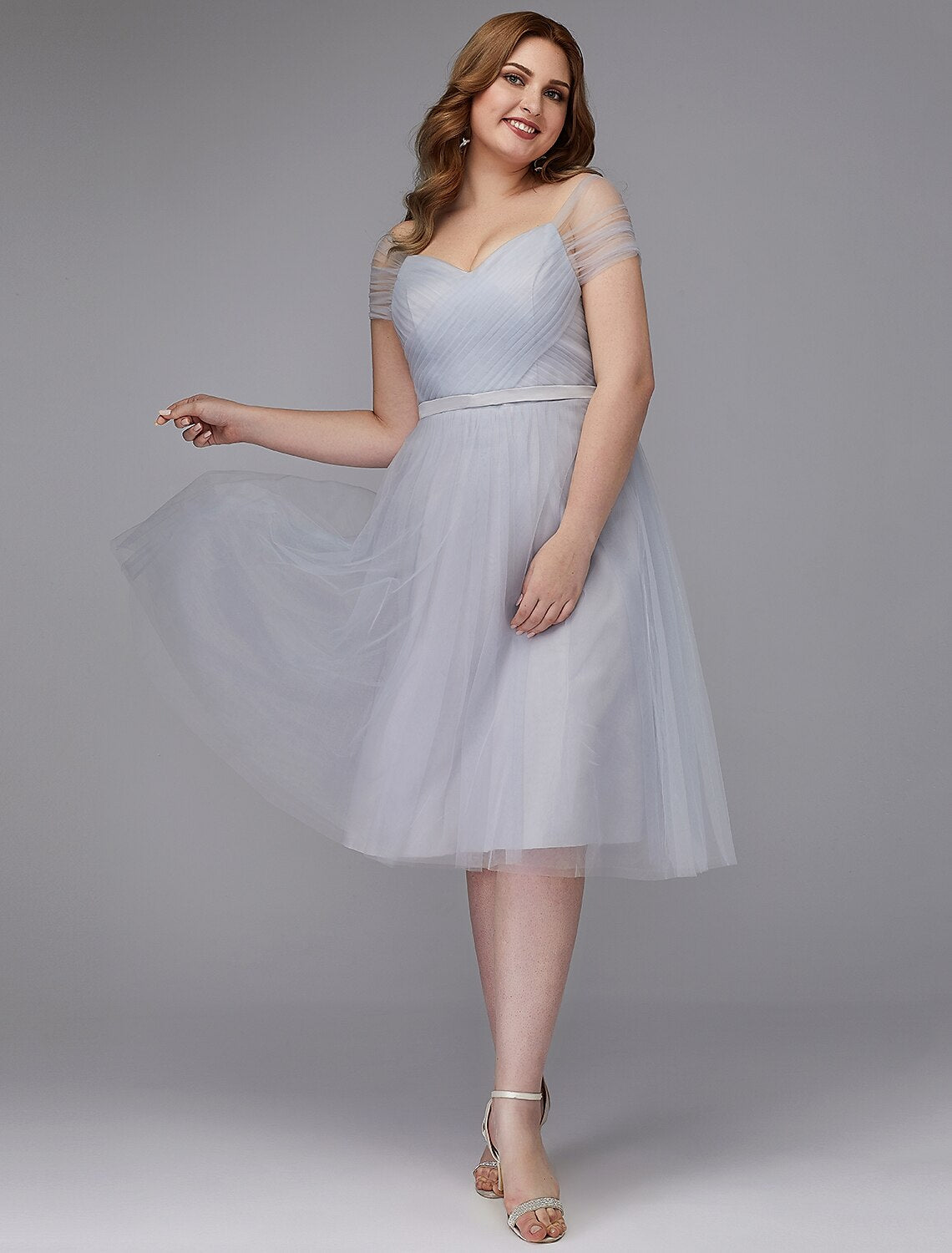 A-Line Elegant Dress Wedding Guest Cocktail Party Tea Length Short Sleeve Off Shoulder Tulle with Sash / Ribbon Criss Cross