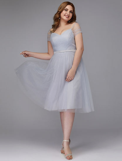 A-Line Elegant Dress Wedding Guest Cocktail Party Tea Length Short Sleeve Off Shoulder Tulle with Sash / Ribbon Criss Cross