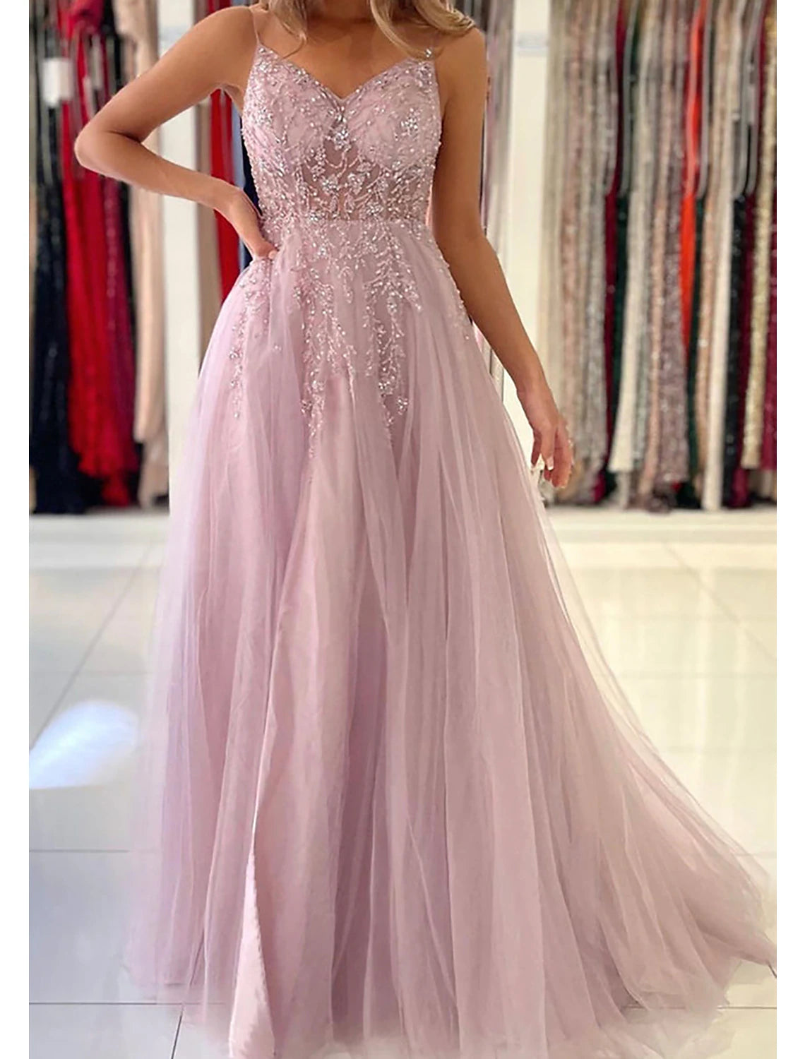 A-Line Prom Party Dress Princess Dress Formal Prom Court Train Sleeveless V Neck Tulle with Beading