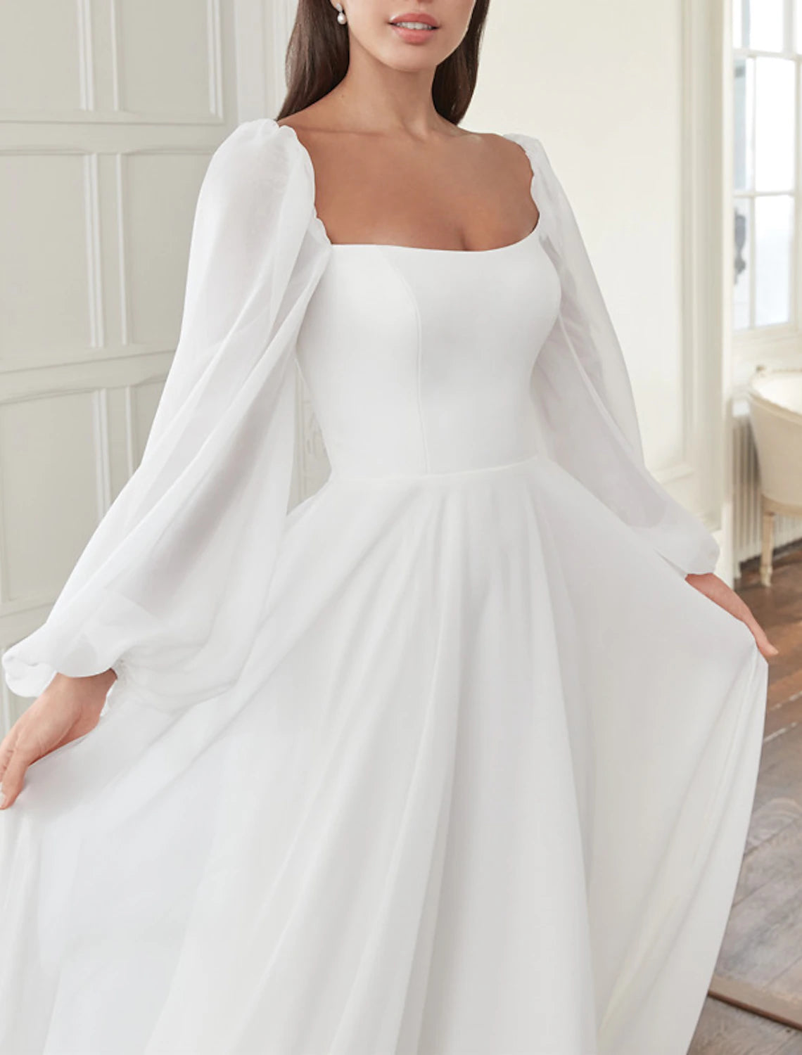 Hall Casual Wedding Dresses A-Line Square Neck Long Sleeve Court Train Chiffon Bridal Gowns With Bow(s) Solid Color