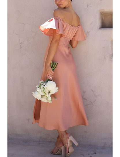 A-Line Wedding Guest Dresses Party Dress Wedding Birthday Ankle Length Short Sleeve Off Shoulder Satin with Ruffles Slit