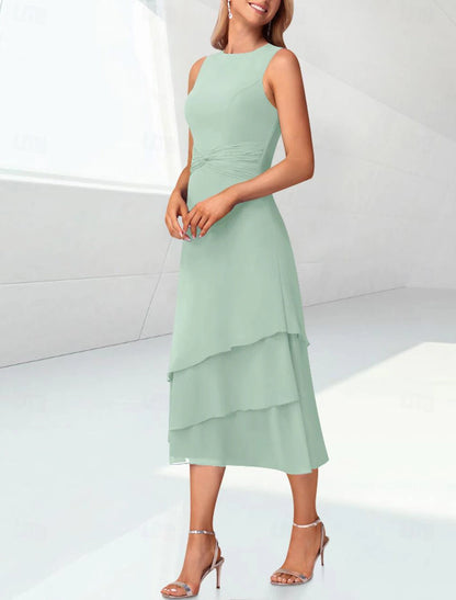 Elegant Wedding Guest Tea Tiered Chiffon 3/4 Length Sleeve Wrap Included with Mother of the Bride Dress