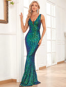 Mermaid / Trumpet Evening Gown Backless Dress Evening Party Prom Floor Length Sleeveless V Neck Sequined Ladder Back with Glitter Sequin