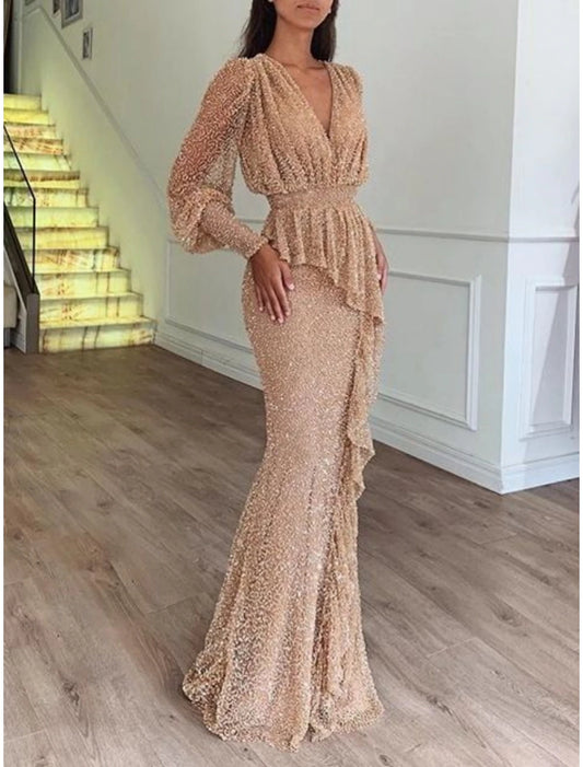 Mermaid / Trumpet Evening Gown Elegant Dress Formal Floor Length Long Sleeve V Neck Sequined with Glitter Pleats Ruffles