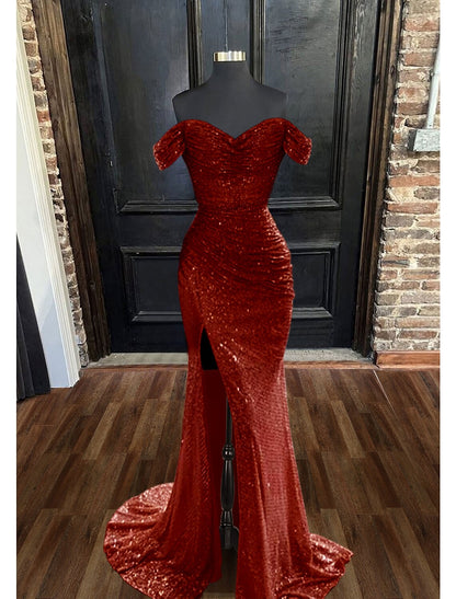 Mermaid / Trumpet Evening Gown Sparkle & Shine Dress Prom Wedding Reception Floor Length Sleeveless Cowl Neck Sequined with Ruched