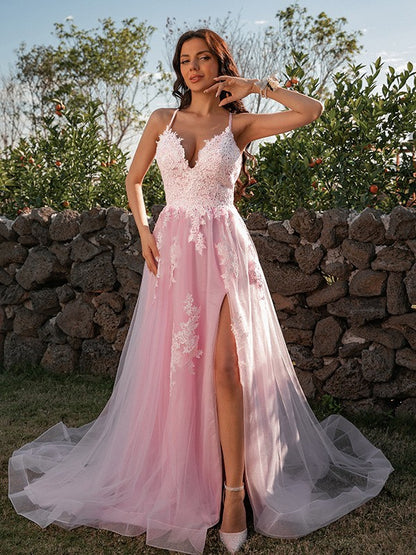 A-Line/Princess Tulle Applique V-neck Sleeveless Sweep/Brush Train Dresses