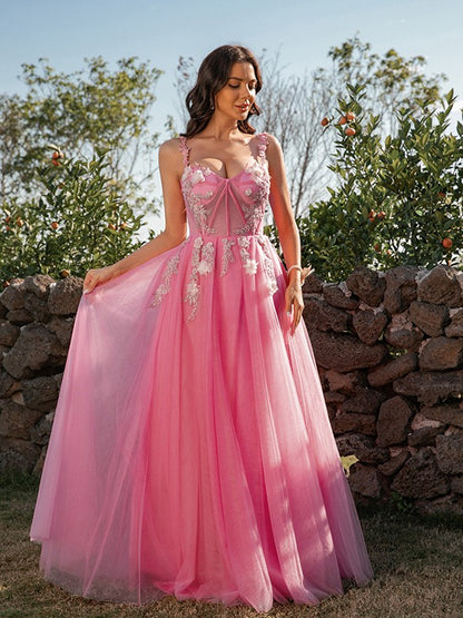 A-Line/Princess Tulle Applique Straps Sleeveless Floor-Length Dresses