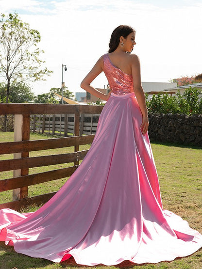 A-Line/Princess  Woven Satin Sequin One-Shoulder Sleeveless Sweep/Brush Train Dresses