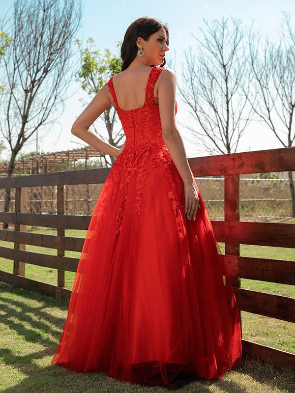 A-Line/Princess Tulle Applique Off-the-Shoulder Sleeveless Floor-Length Dresses