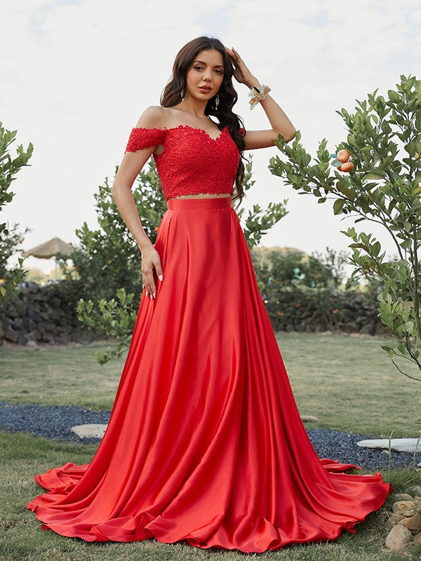 A-Line/Princess Silk like Satin Applique Off-the-Shoulder Sleeveless Sweep/Brush Train Two Piece Dresses