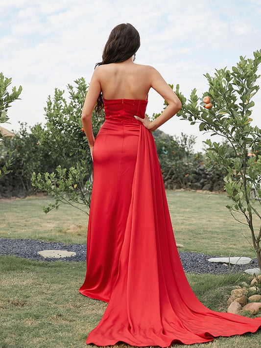 Sheath/Column Silk like Satin Ruched Strapless Sleeveless Sweep/Brush Train Dresses