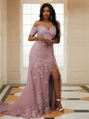 Sheath/Column Tulle Applique Off-the-Shoulder Sleeveless Sweep/Brush Train Dresses