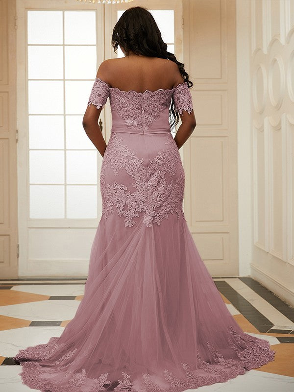 Sheath/Column Tulle Applique Off-the-Shoulder Sleeveless Sweep/Brush Train Dresses